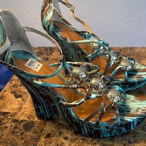 Christian Siriano Turquoise and Brown Wedge Sandals